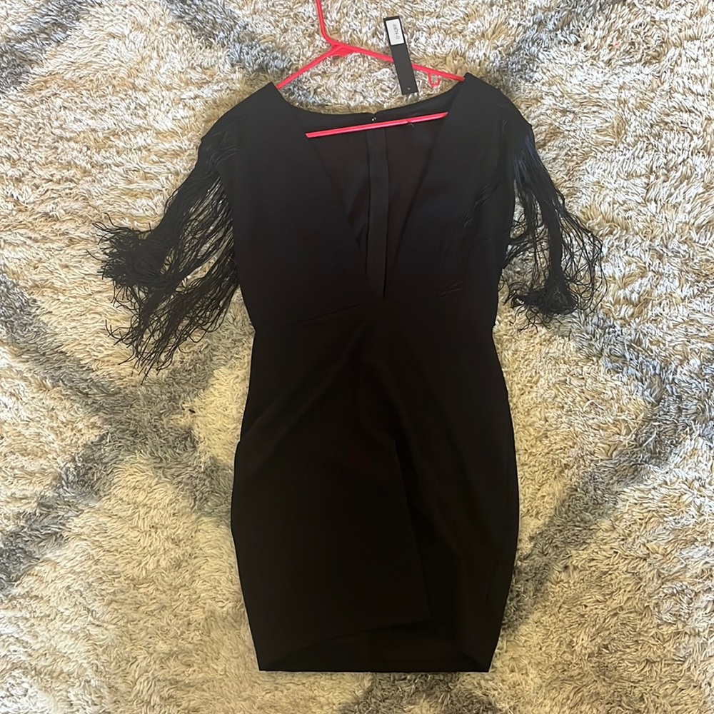 Black mini dress fringe deep plunge NWT